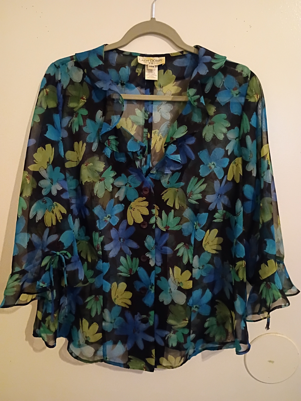 Lady Dorby Blue & Green Floral Sheer Blouse Split In Back Sz 14W
